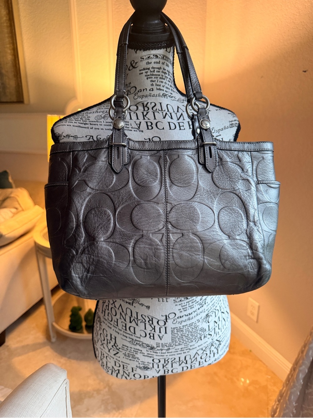 COACH Y2K Metallic Gray Gunmetal Embossed Leather Signature Tote Satchel F15242